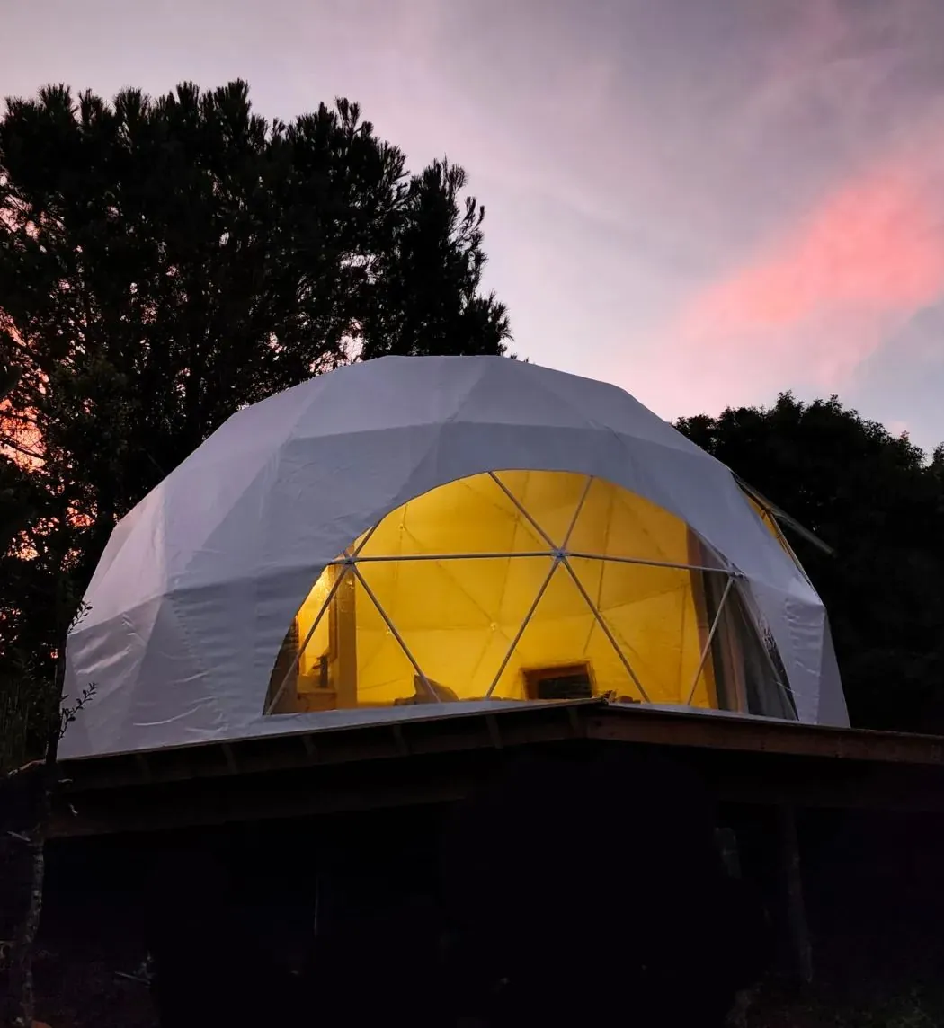 The Oasis Dome glowing at dusk
